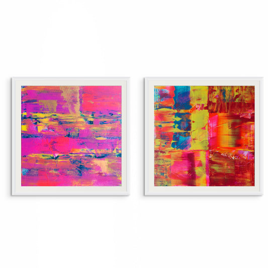 Two abstract art prints with vibrant colors on a white background