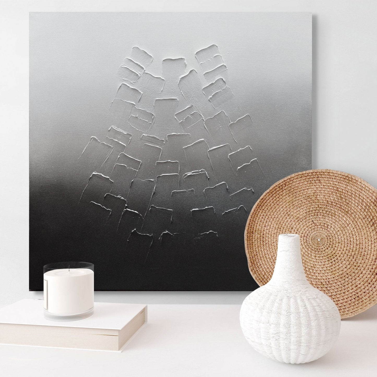Glacial, Original Canvas Painting, Metallic white silver and black