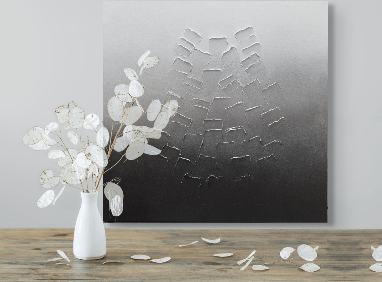 Glacial, Original Canvas Painting, Metallic white silver and black
