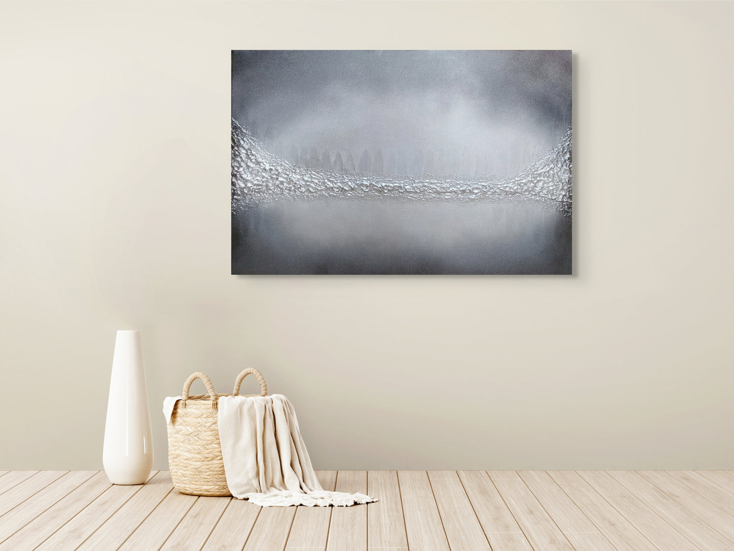 Grey and silver textured original abstract canvas painting, lakeshore by julie bevan art