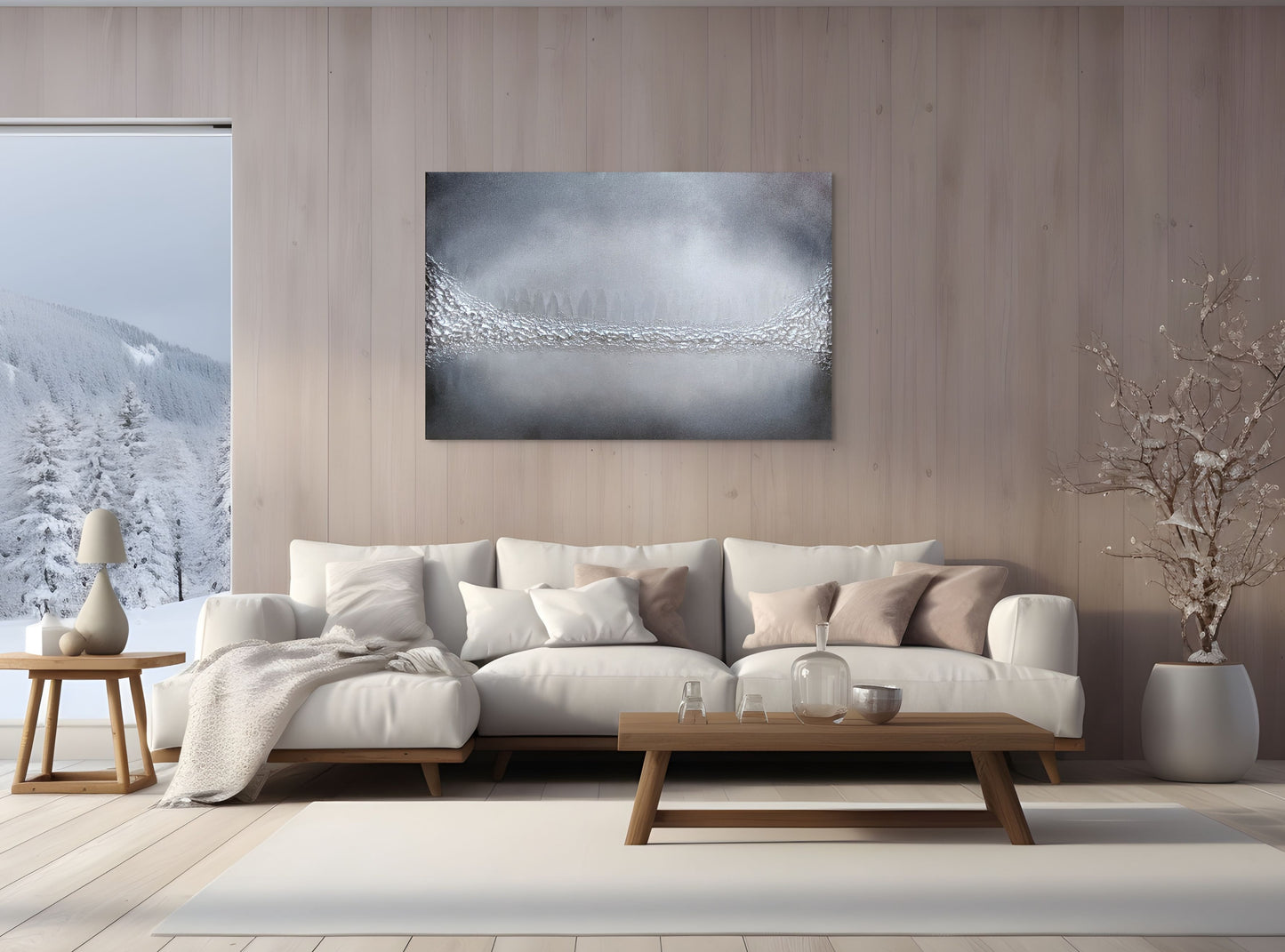 Grey and silver textured original abstract canvas painting, lakeshore by julie bevan art