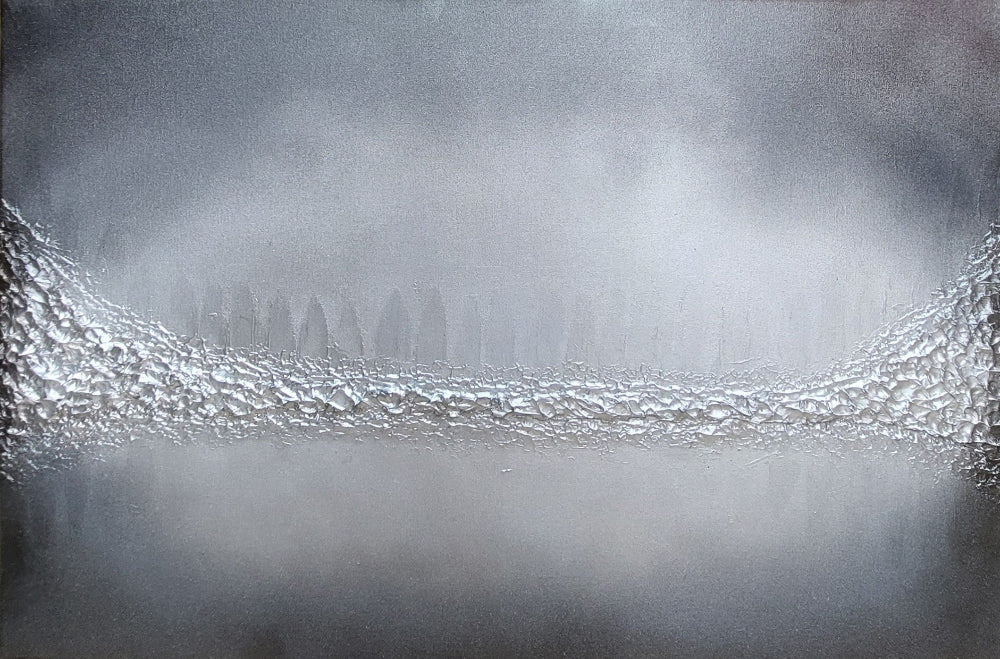 Abstract art with alake in the center, surrounded by mist and fog.