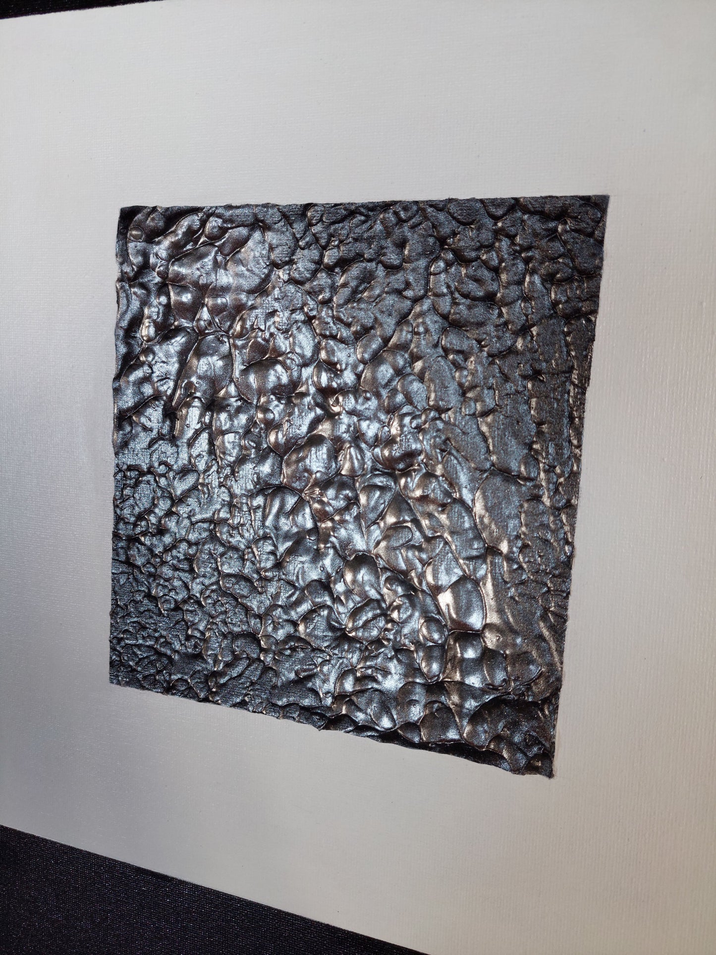 Abstract black, white and silver textured square canvas art titled legacy by julie bevan art