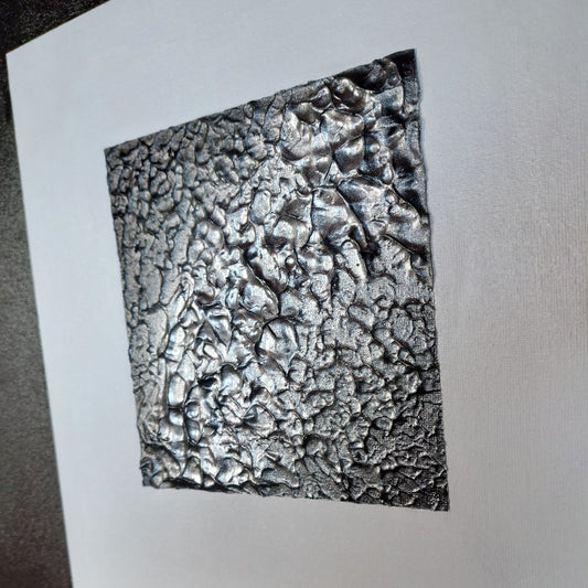 Abstract black, white and silver textured square canvas art titled legacy by julie bevan art