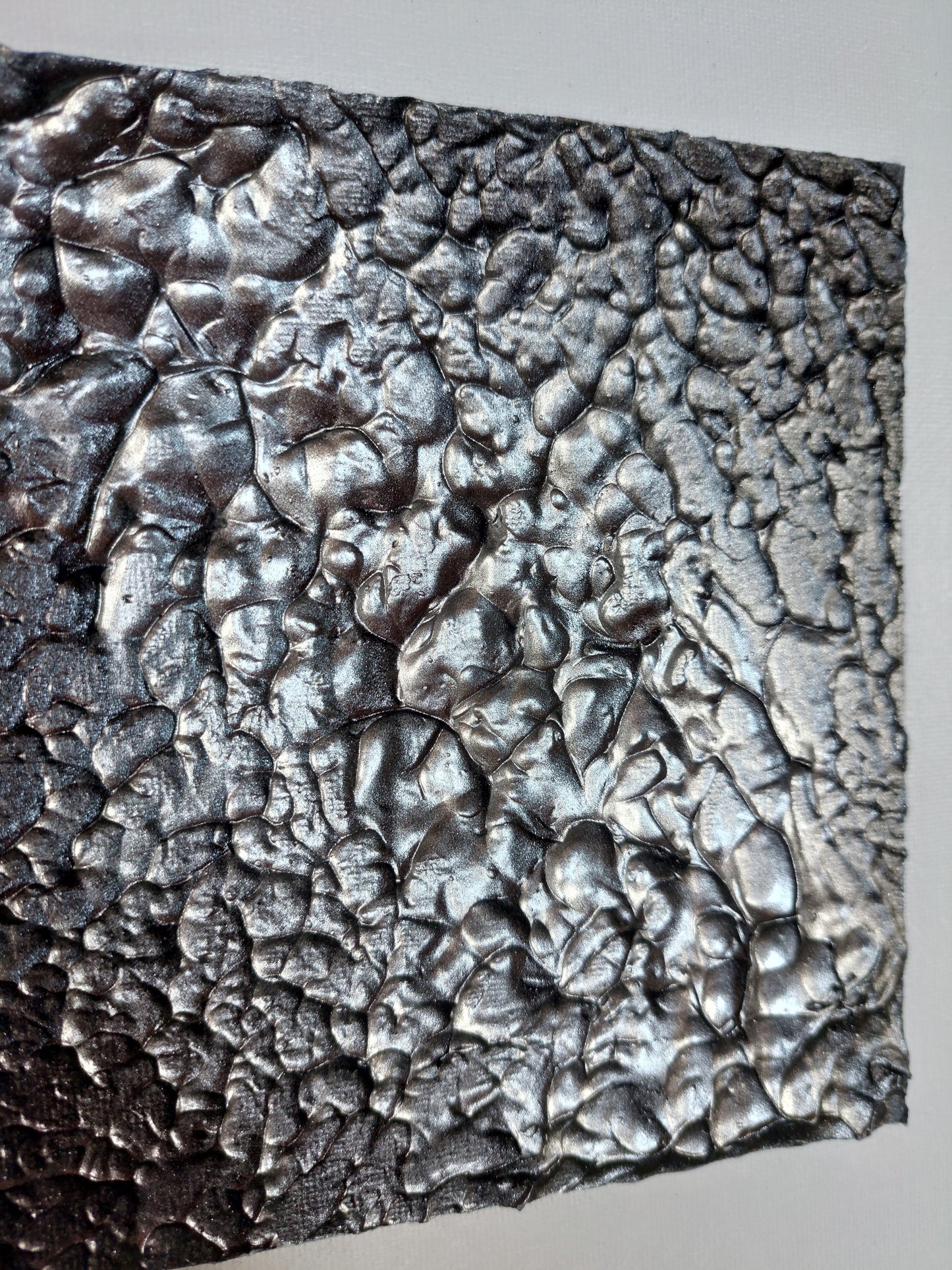 Abstract black, white and silver textured square canvas art titled legacy by julie bevan art