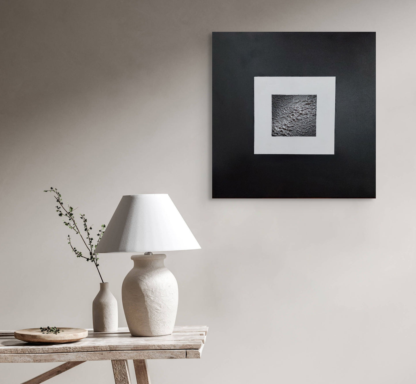 Abstract black, white and silver textured square canvas art titled legacy by julie bevan art