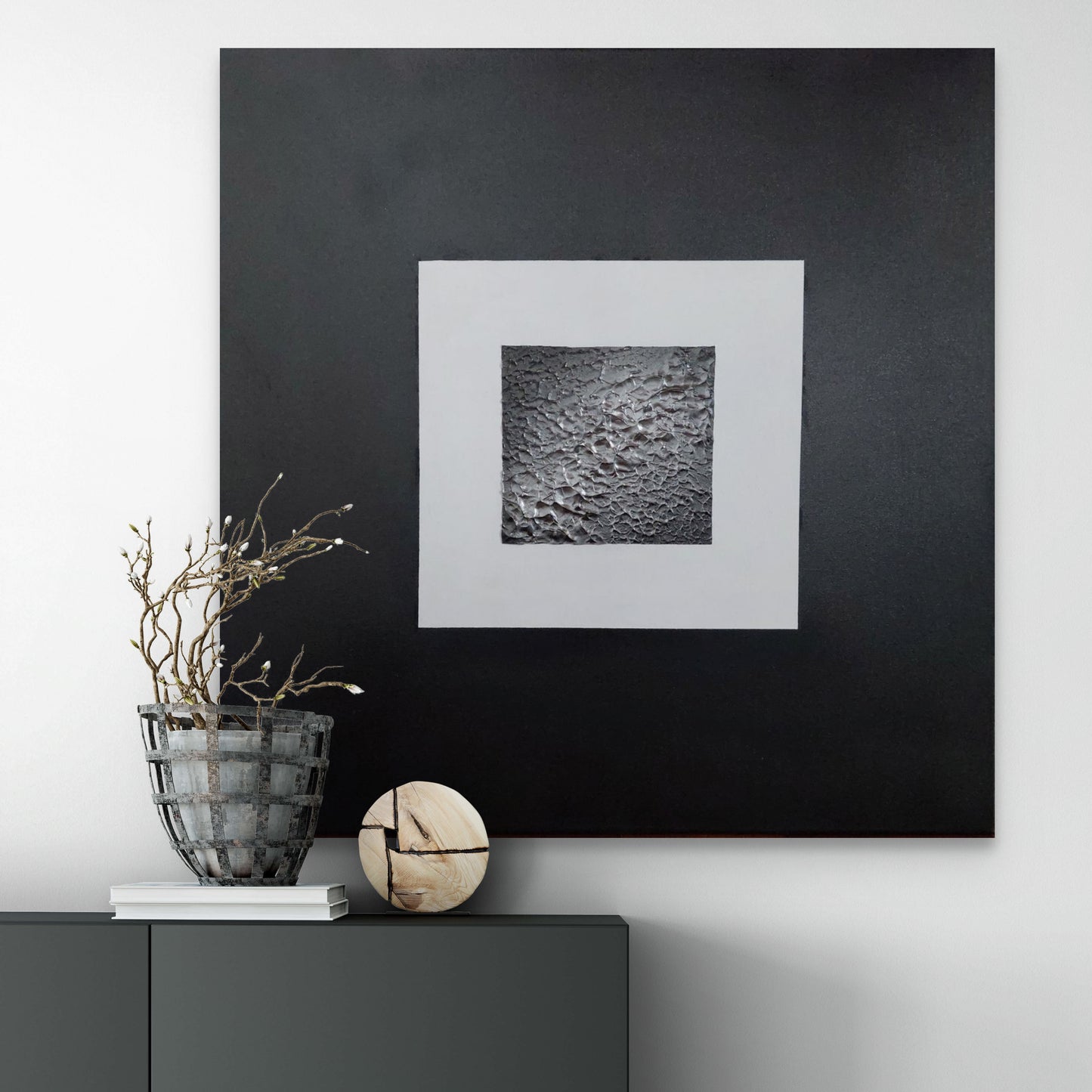 Abstract black, white and silver textured square canvas art titled legacy by julie bevan art