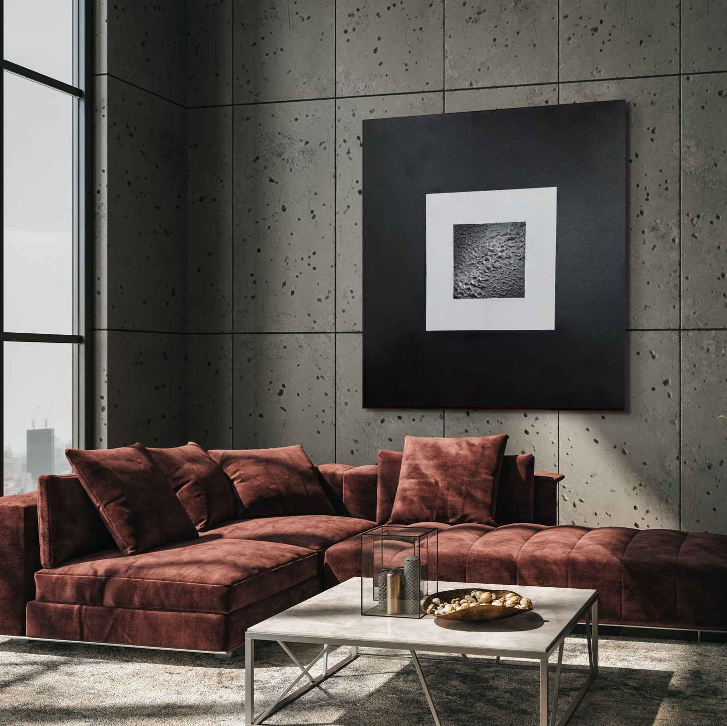 Abstract black, white and silver textured square canvas art titled legacy by julie bevan art