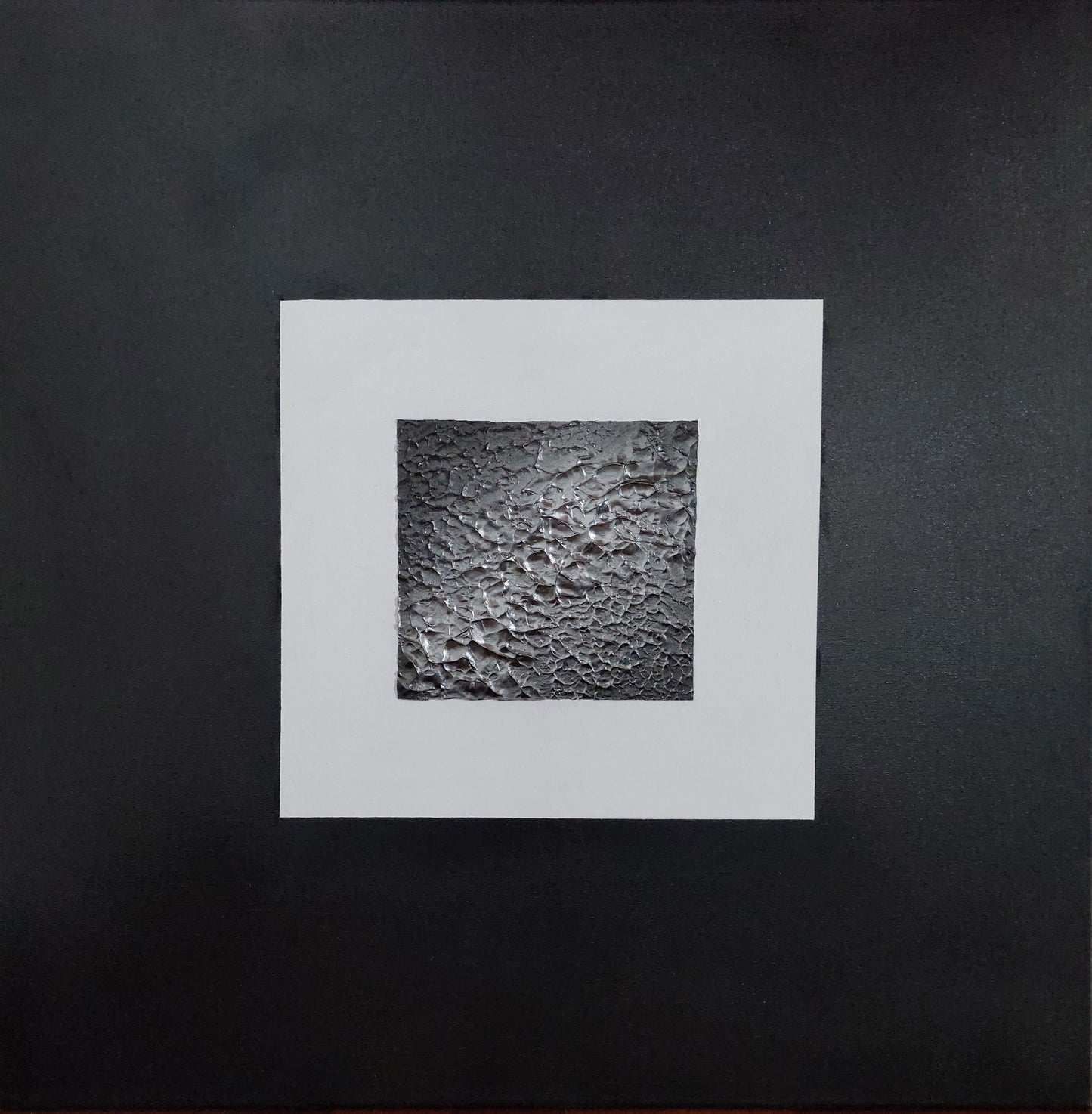 Abstract black, white and silver textured square canvas art titled legacy by julie bevan art