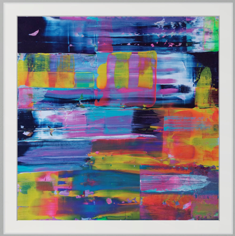 Abstract artwork with vibrant colors and brush strokes on a white background