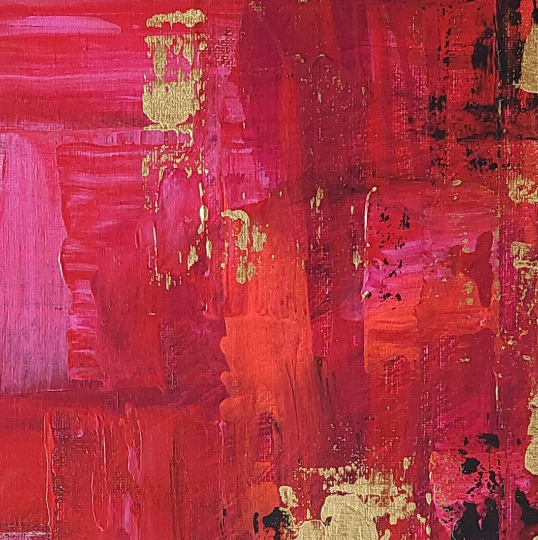 Abstract painting with a mix of red, pink, and gold colors. samhain no.1