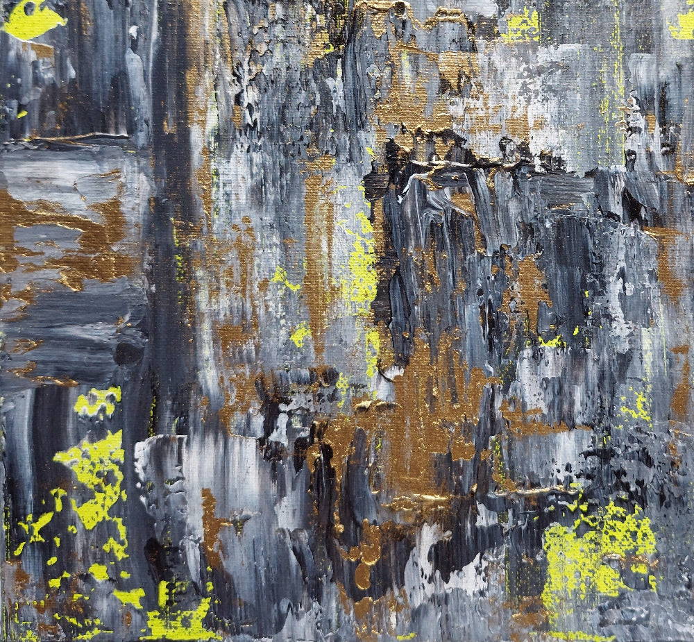 Abstract original painting art with gray, gold, and yellow colors, close up
