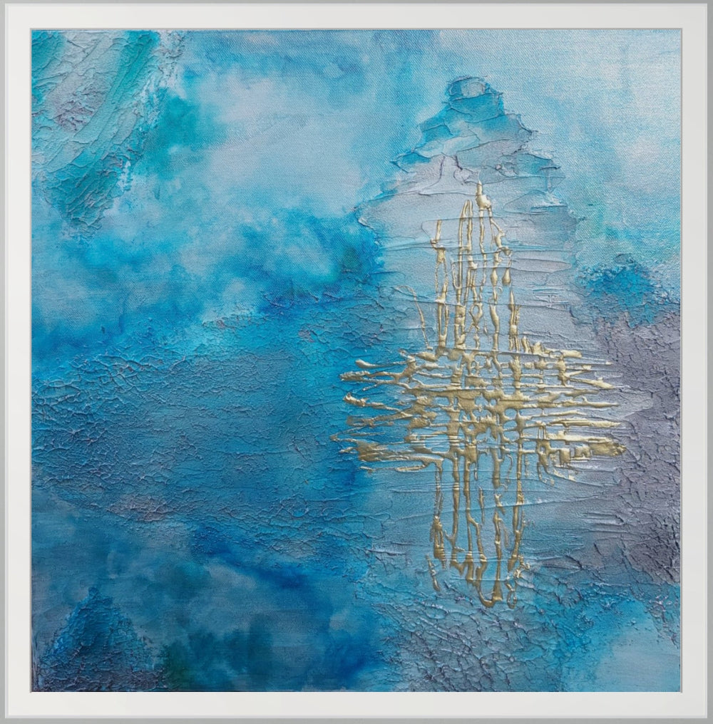 Abstract art piece with blue and gold colors