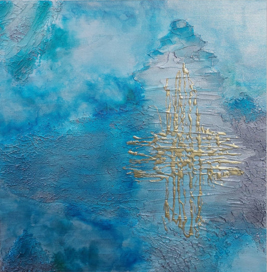 Abstract art piece with blue and gold colors