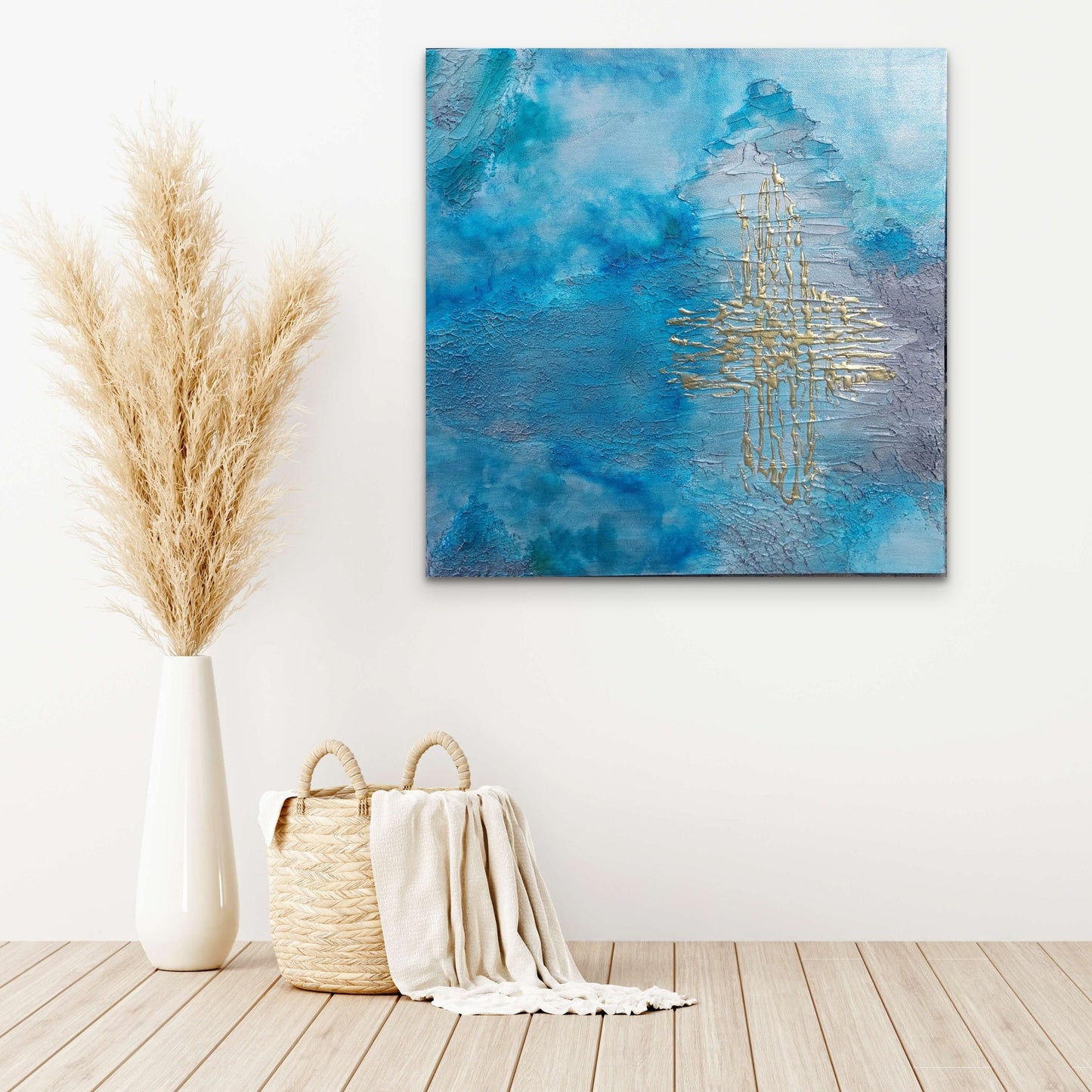 Original canvas painting, blue, grey and gold abstract titles Not a cross