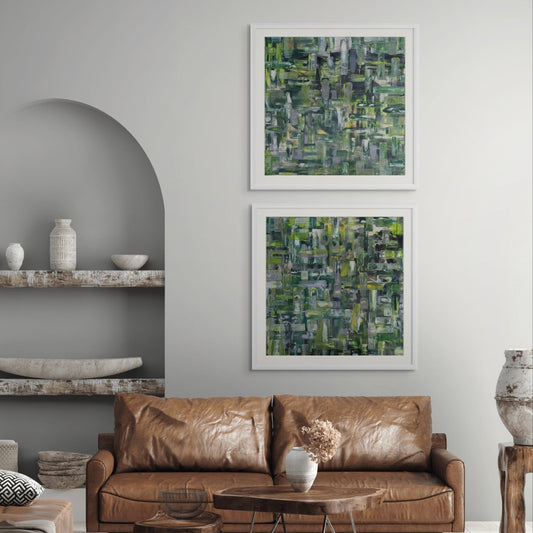 Modern living room with brown leather sofa, abstract art on the wall, and decorative shelves.