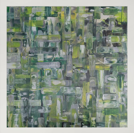 Abstract art print with green and gray geometric patterns on a white background