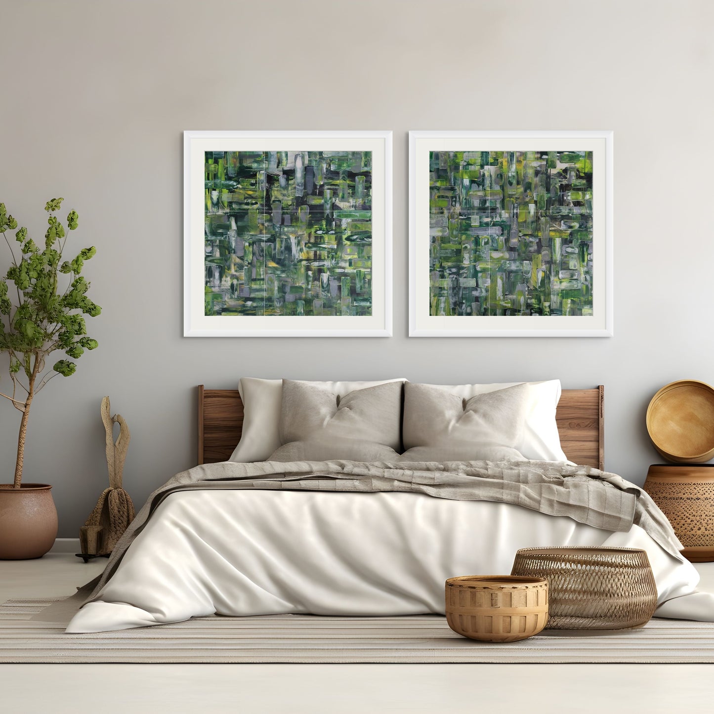 Modern bedroom with a bed, decorative baskets, and abstract wall art.
