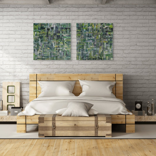 Modern bedroom with wooden bed, white bedding, and abstract wall art.