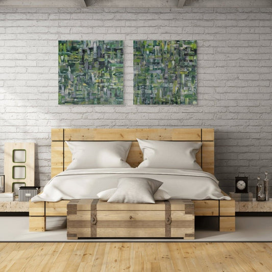 Modern bedroom with wooden bed, white bedding, and abstract wall art.