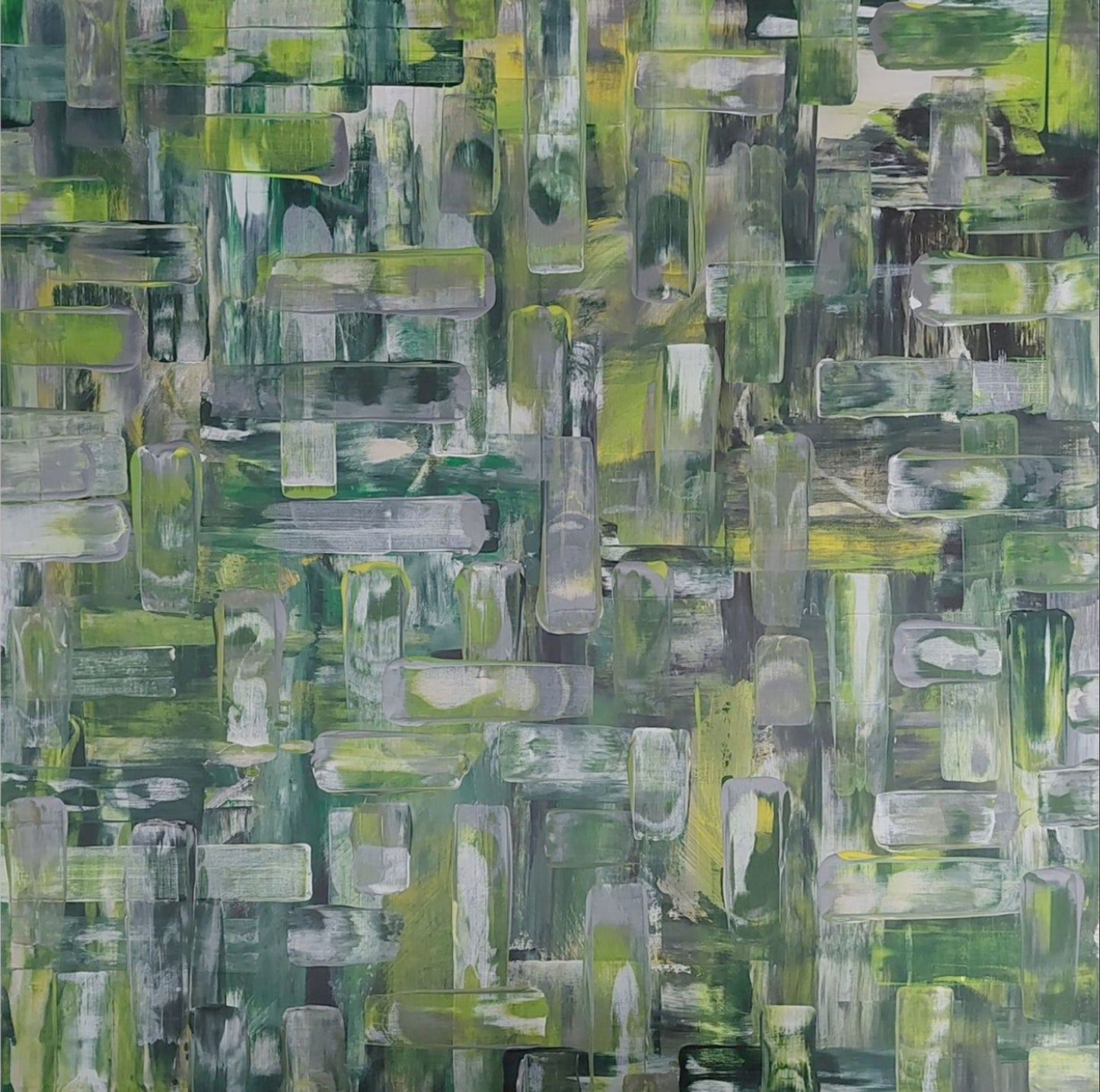 Abstract art print with green and gray geometric patterns on a white background