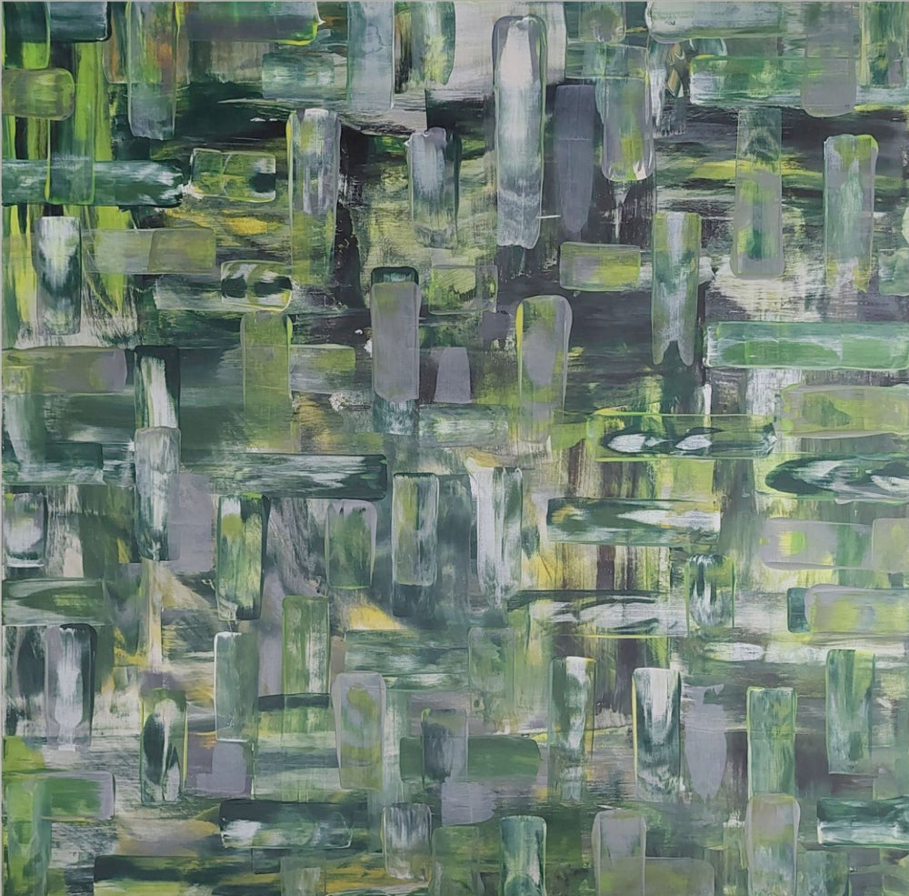 Abstract art piece with green and gray tones on a white background