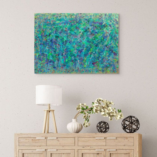 Abstract painting with a variety of green, blue, and gold, original canvas painting titled Opium