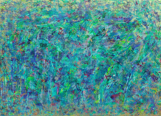 Abstract painting with a variety of green, blue, and gold, original canvas painting titled Opium