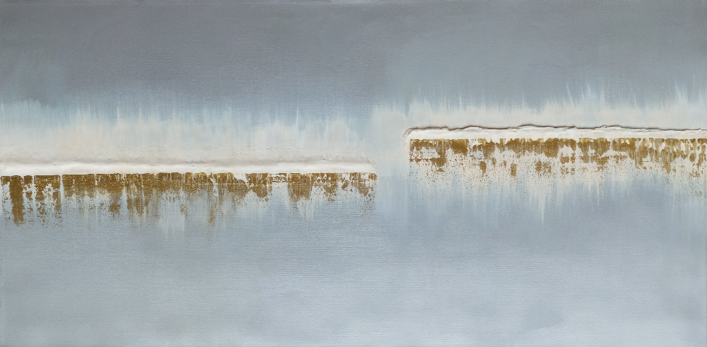 Silver, grey and gold abstract painting called ships in the night