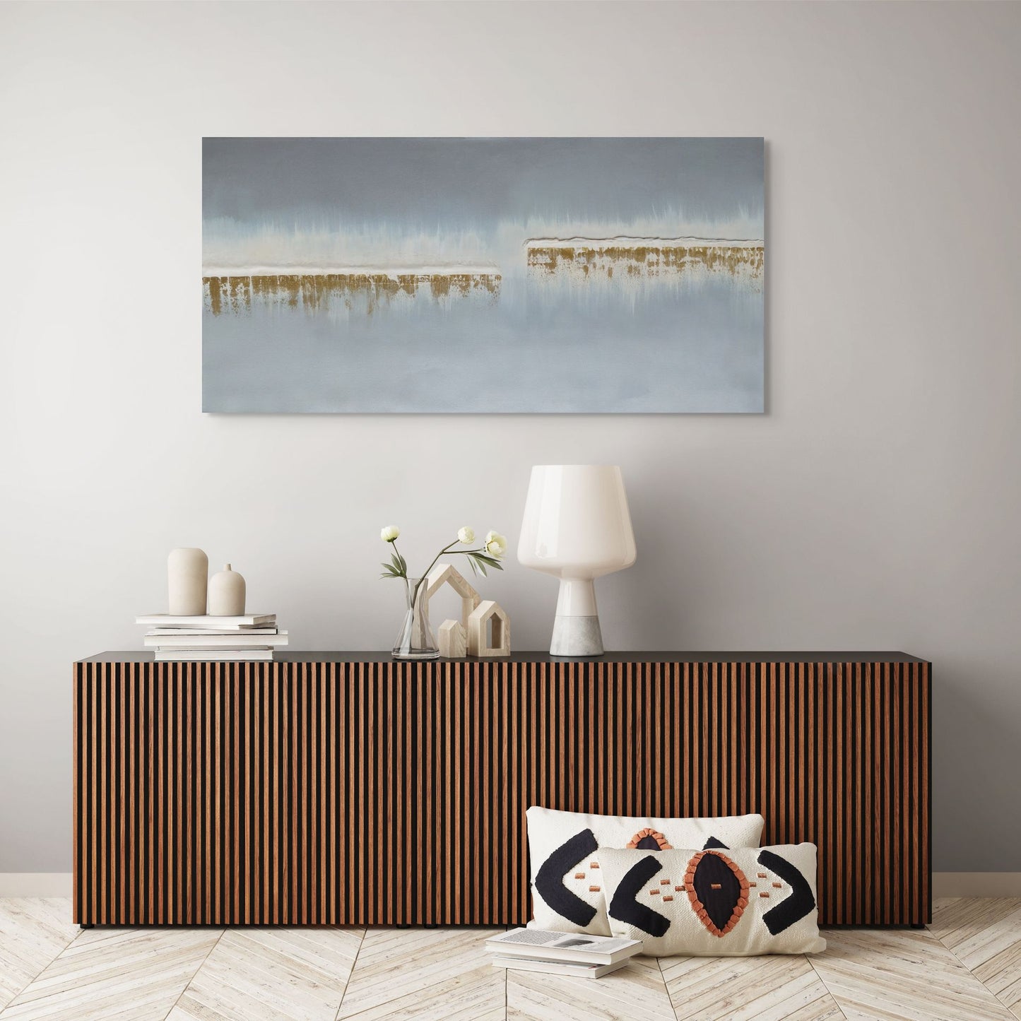 ships in the night canvas painting in gold silver and cream, original art