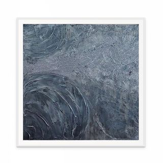 Framed abstract art print with blue and gray swirling pattern on a white background