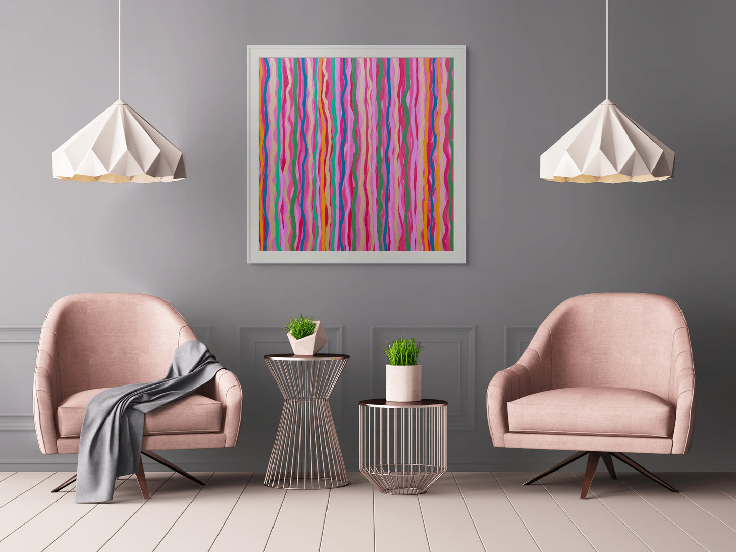 Red, blue, yellow and pink abstract stripes fine art print, Stripes