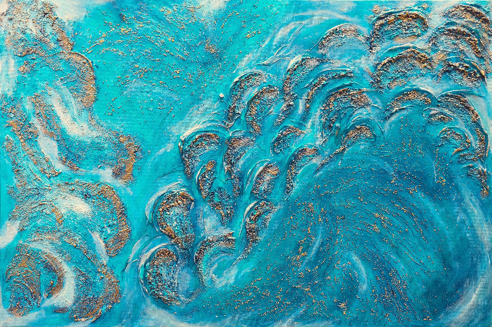Textured acrylic canvas original painting, blue, gold, turquoise, white