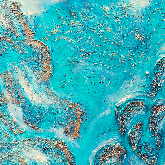 Textured acrylic canvas original painting, blue, gold, turquoise, white, close up details