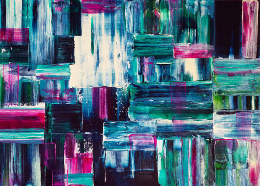Abstract art with horizontal brush strokes in blue, green, and pink.