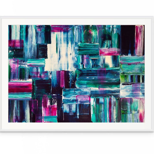 Framed abstract art print with colorful brush strokes on a white background