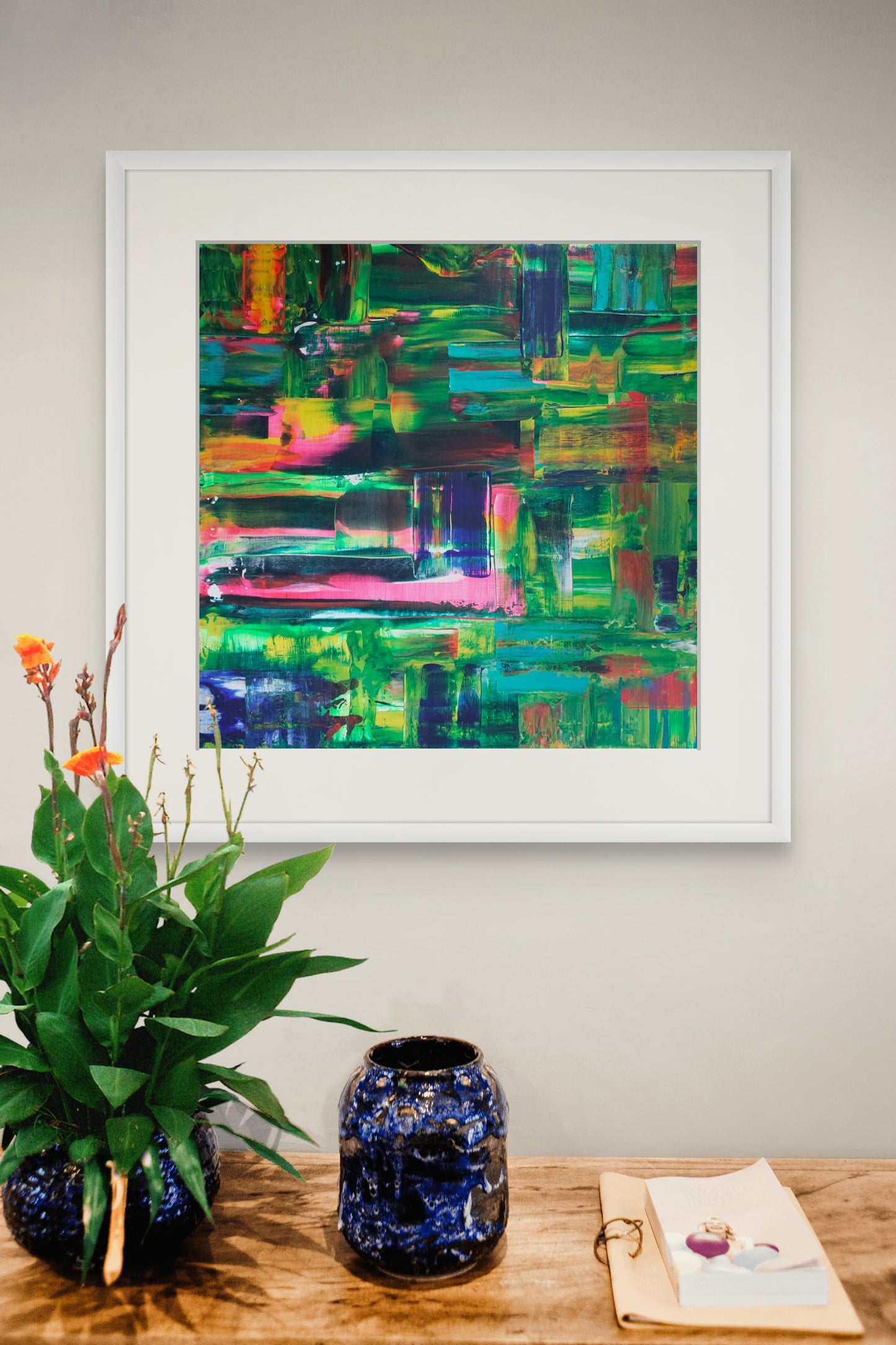 Wilderness limited edition print abstract in nature with greens, pink, blue
