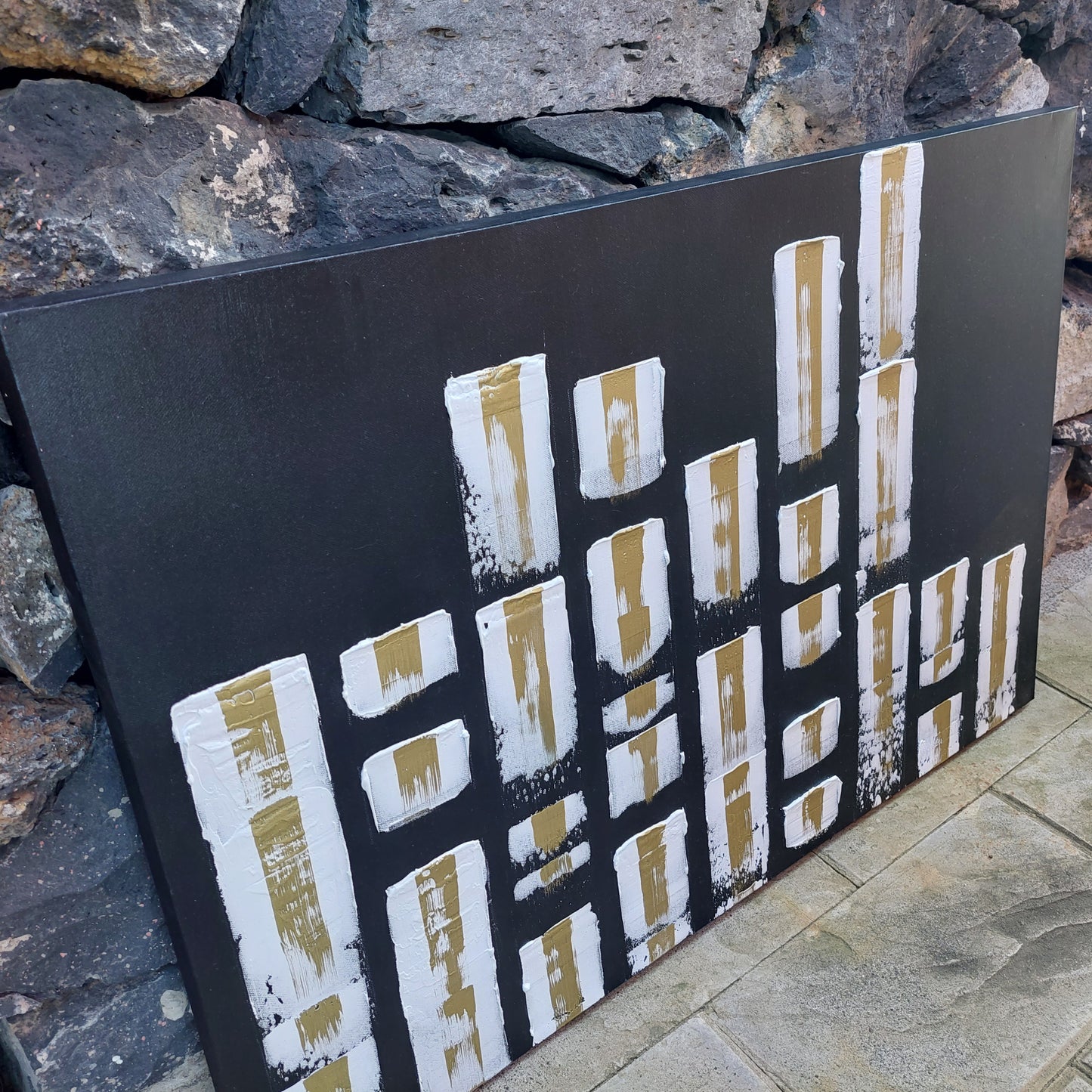 Black white and gold textured large Abstract cityscape painting