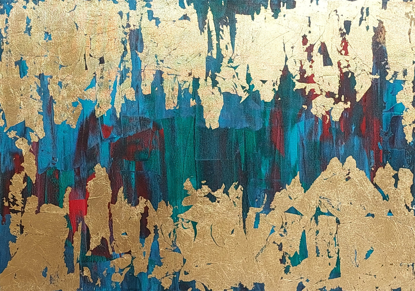 Blue, red, green and gold acrylic canvas art, superficial, julie bevan art