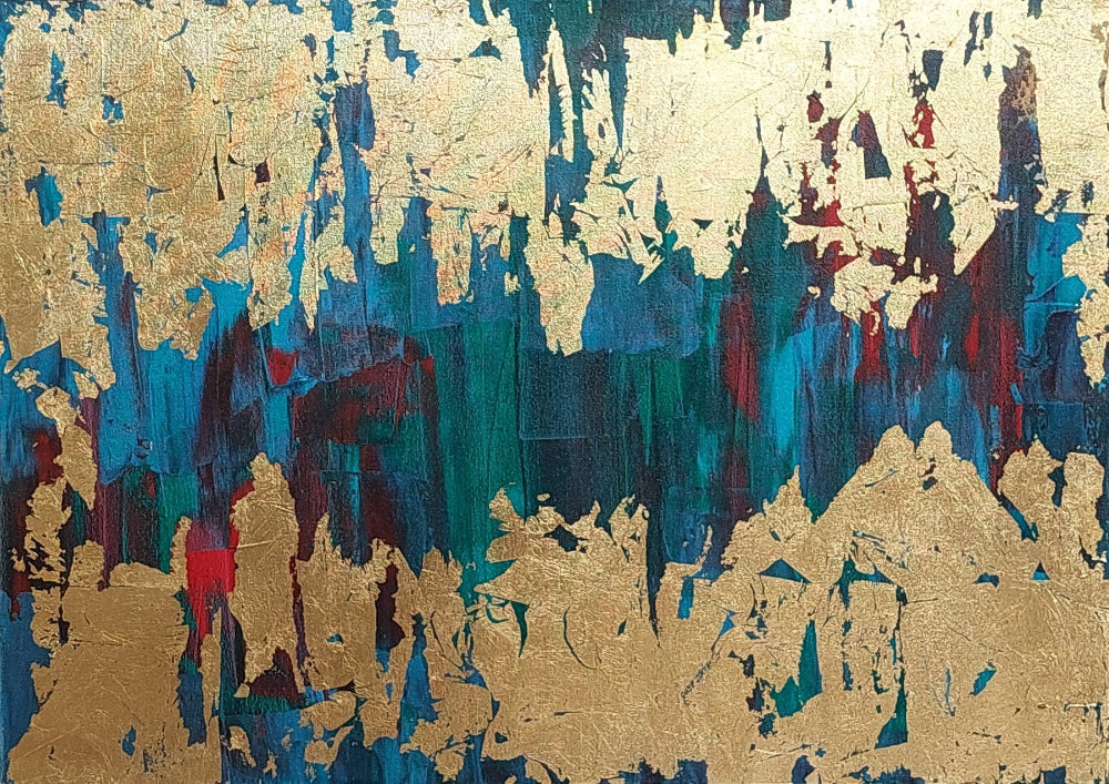 Blue, red, green and gold acrylic canvas art, superficial, julie bevan art
