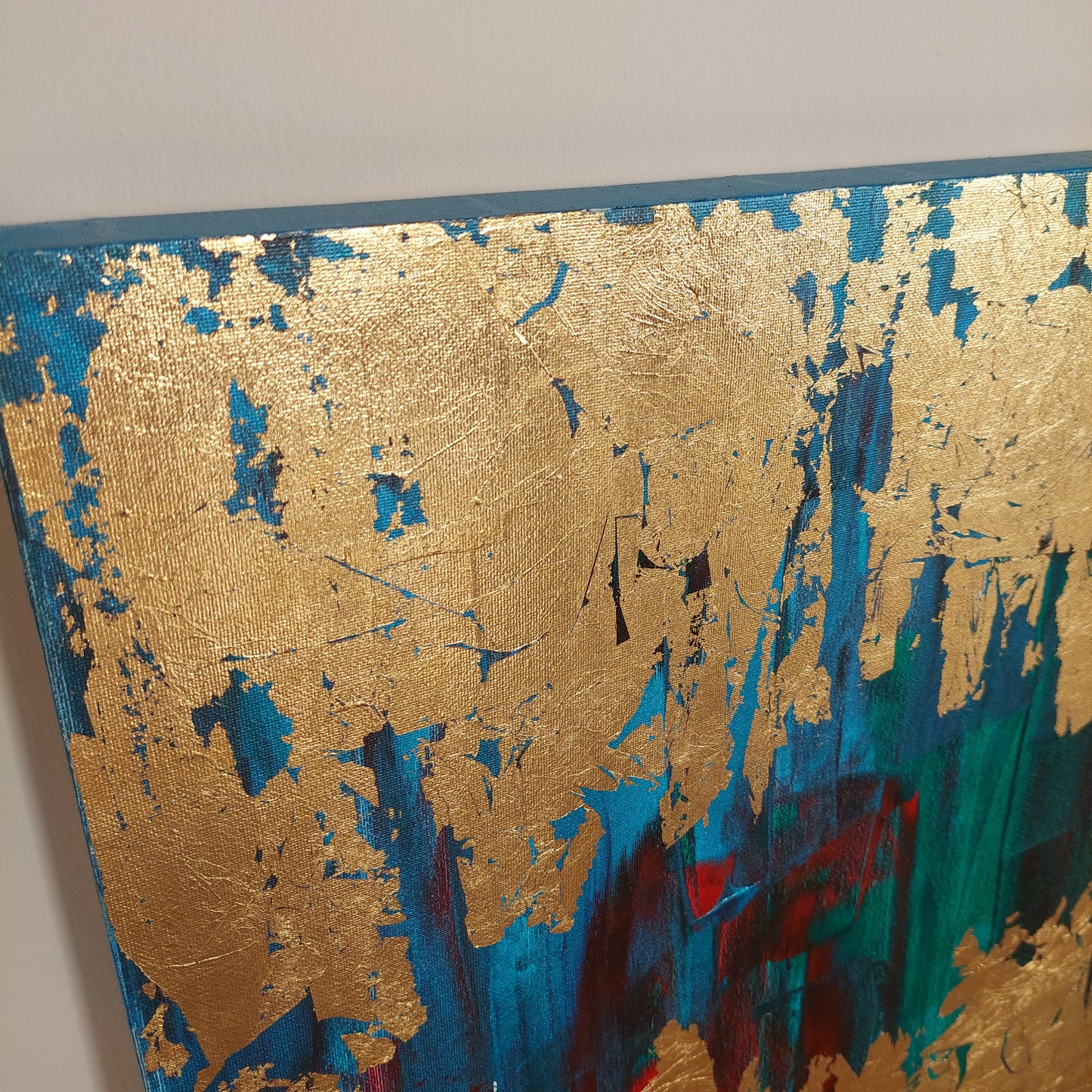 Blue, red, green and gold acrylic canvas art, superficial, julie bevan art