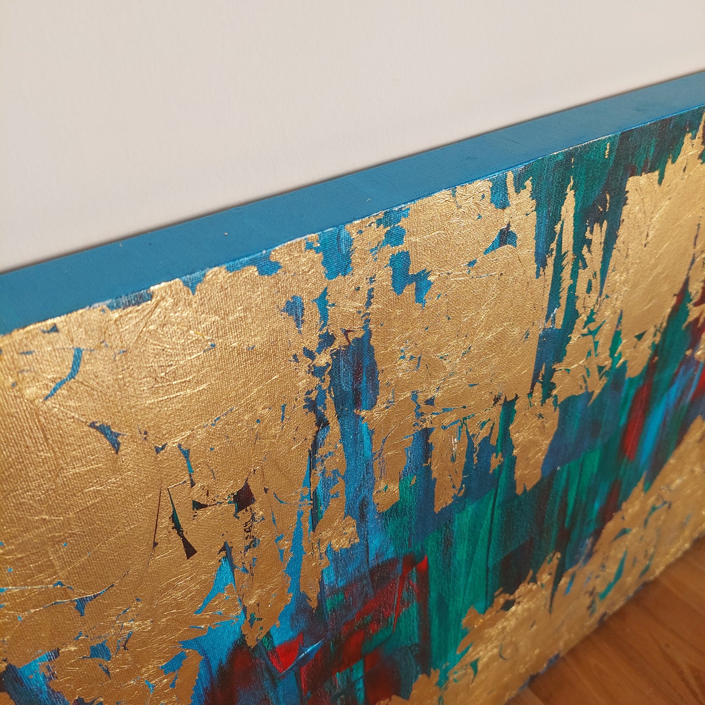 Blue, red, green and gold acrylic canvas art, superficial, julie bevan art