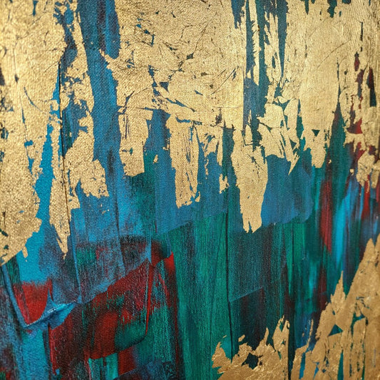 Blue, red, green and gold acrylic canvas art