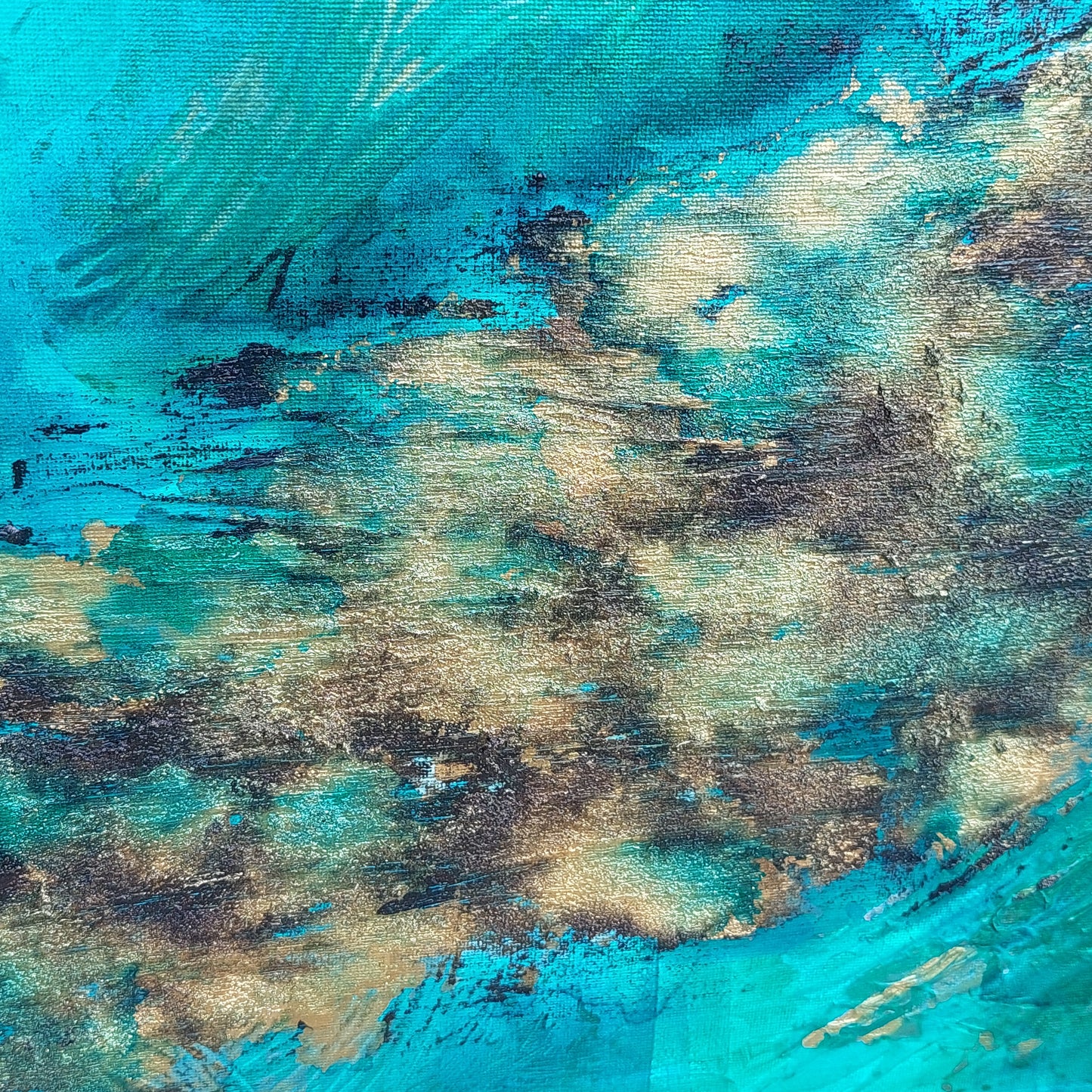 Turquoise gold and black textured hand painted canvas, abstract style called island life. Julie Bevan Art