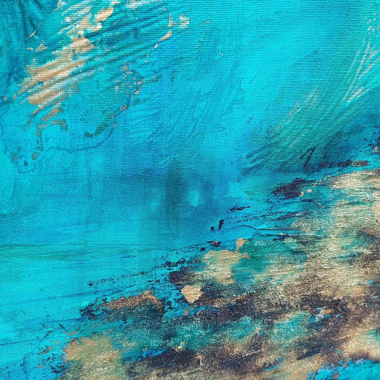 Turquoise gold and black textured hand painted canvas, abstract style called island life. Julie Bevan Art