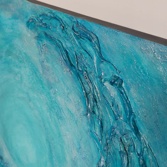 Close up detail Turquoise and blue seascape acrylic painting
