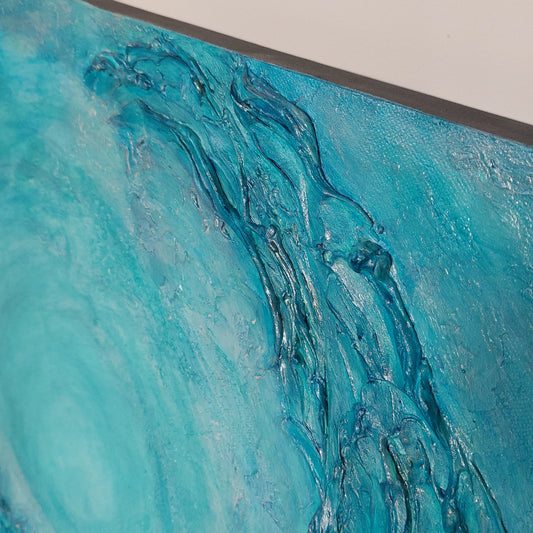 Close up detail Turquoise and blue seascape acrylic painting