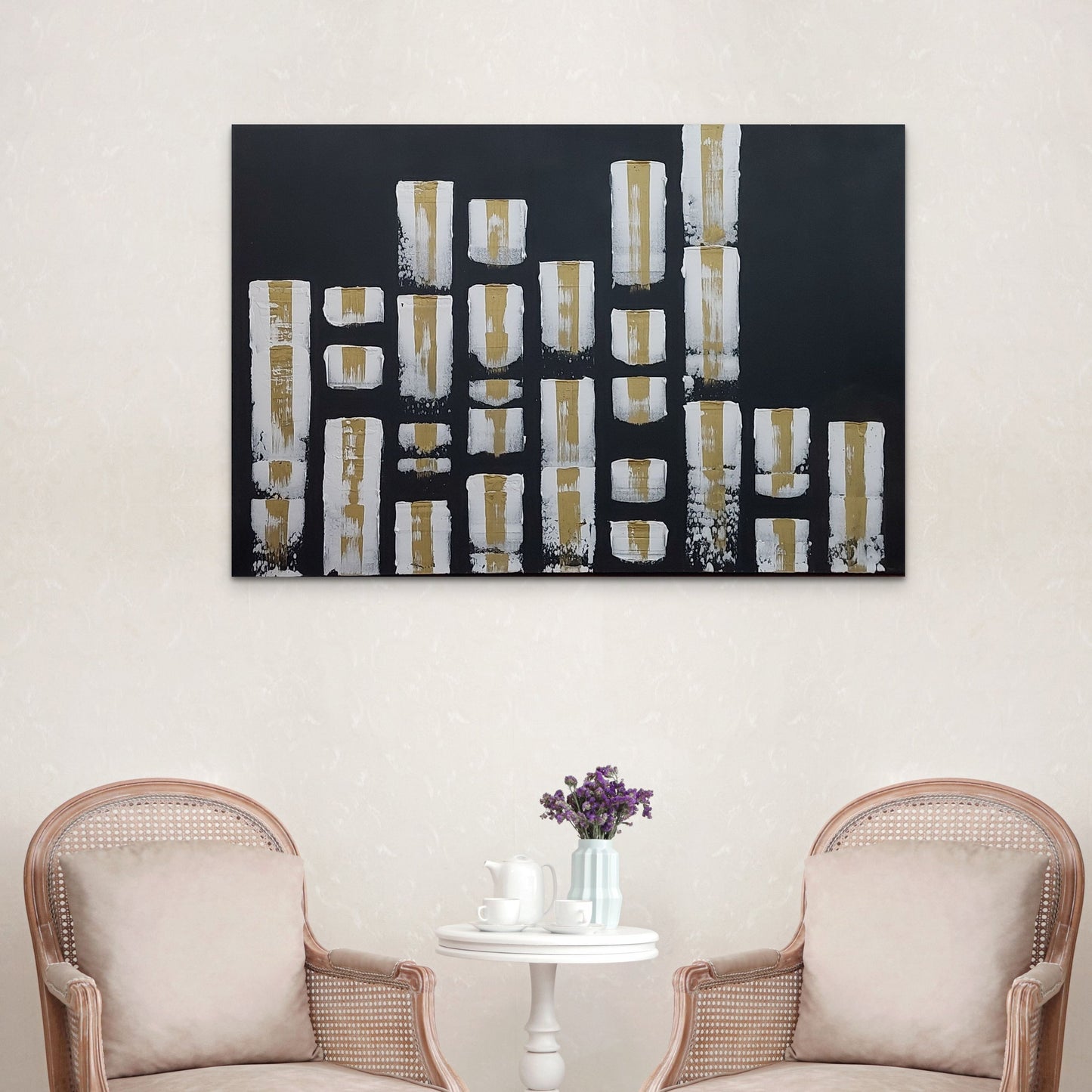 Black white and gold textured large Abstract cityscape painting wall art