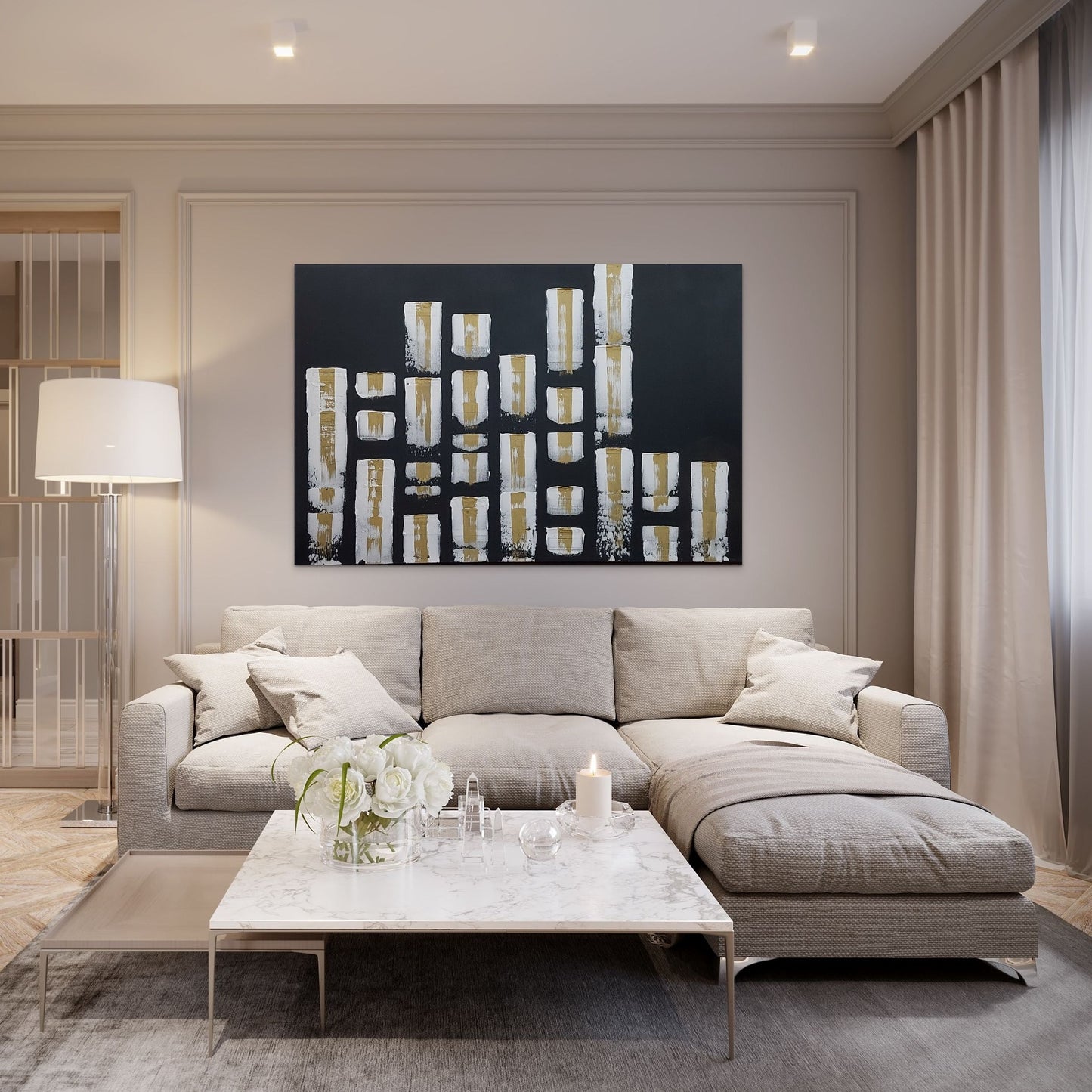 Black white and gold textured large Abstract cityscape painting, family room wall