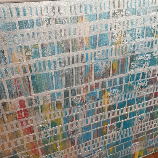 Multi-colour original canvas acrylic painting with silver overlay